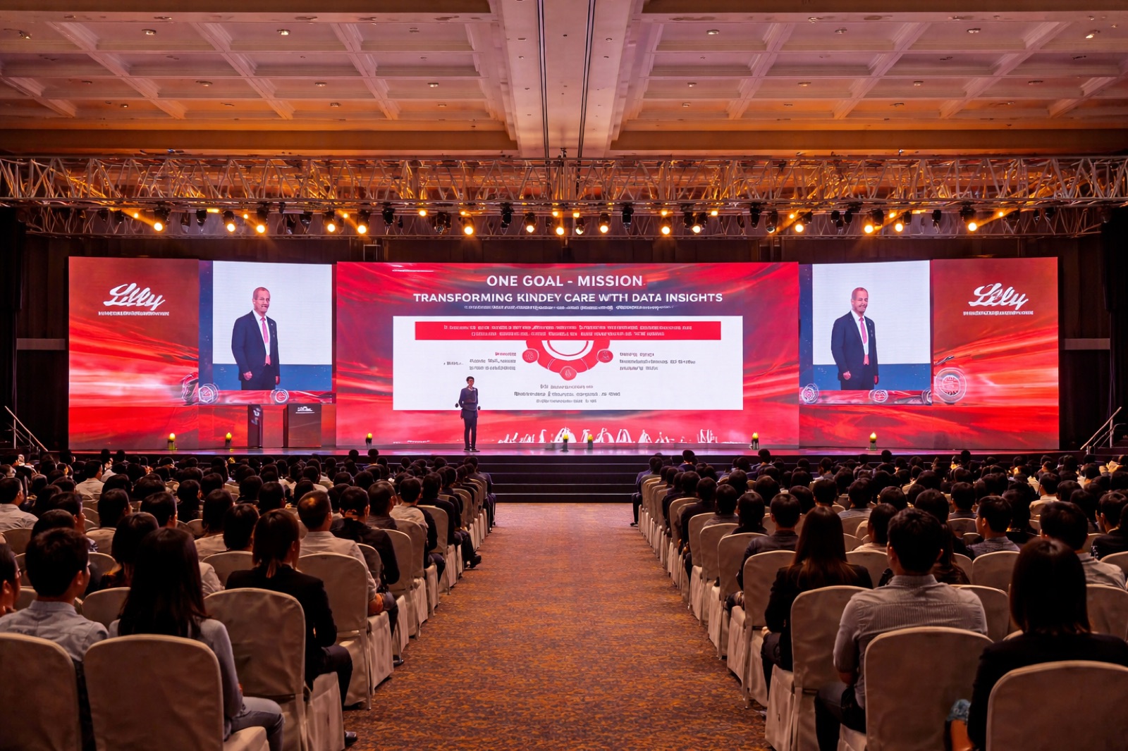 A keynote on a wide LED stage at Lilly's annual meet