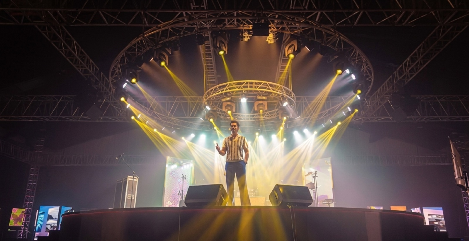 A vocalist on the round stage under a truss halo at Namaste NFT